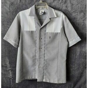 Vtg Iolani Executive‎ Shirt Men's Medium Gray White Camp Hawaiian Made in Hawaii